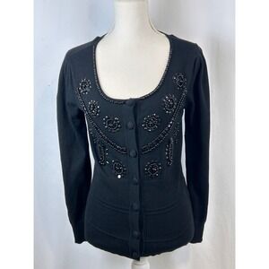 Tracy M Womens Black Beaded Sequin Cardigan Sweater Scoop‎ Neck Ribbed Size M